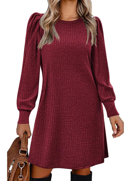 Puff Sleeve Ribbed Knit Dress with Pockets - alternate view 9