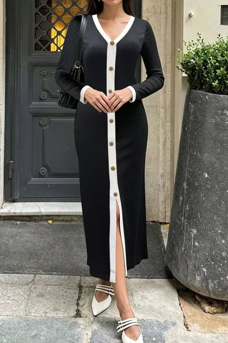 Contrast Trim V-Neck Knit Dress - alternate view 3