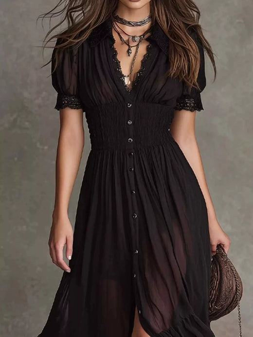 Button-Down Midi Dress with Lace Trim - alternate view 2