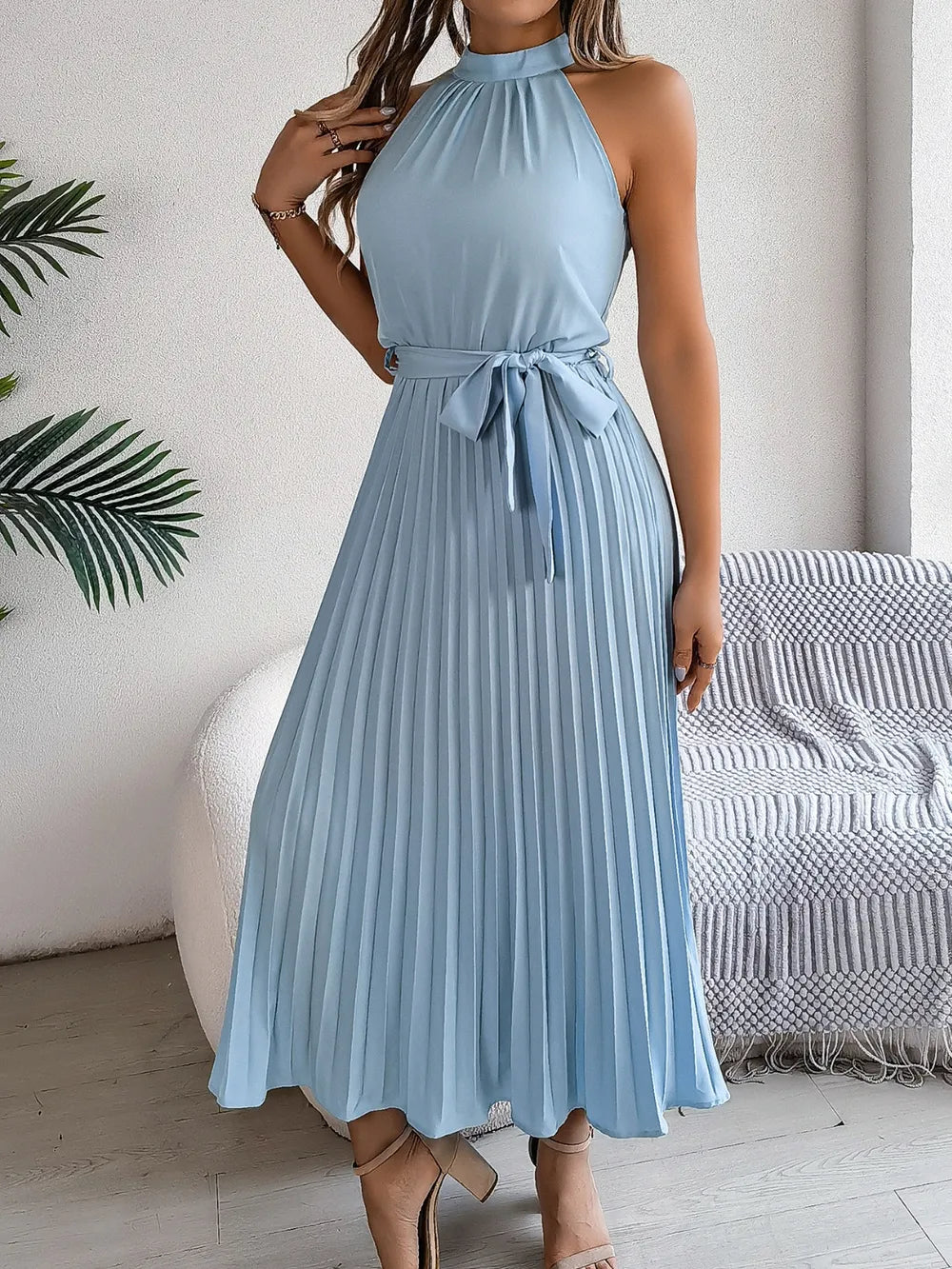 Grecian Neck Tie Waist Pleated Dress - alternate view 6