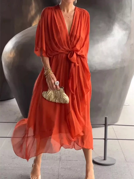 Full Size Chiffon Wrap Dress with Flutter Sleeves Plus Size - alternate view 6