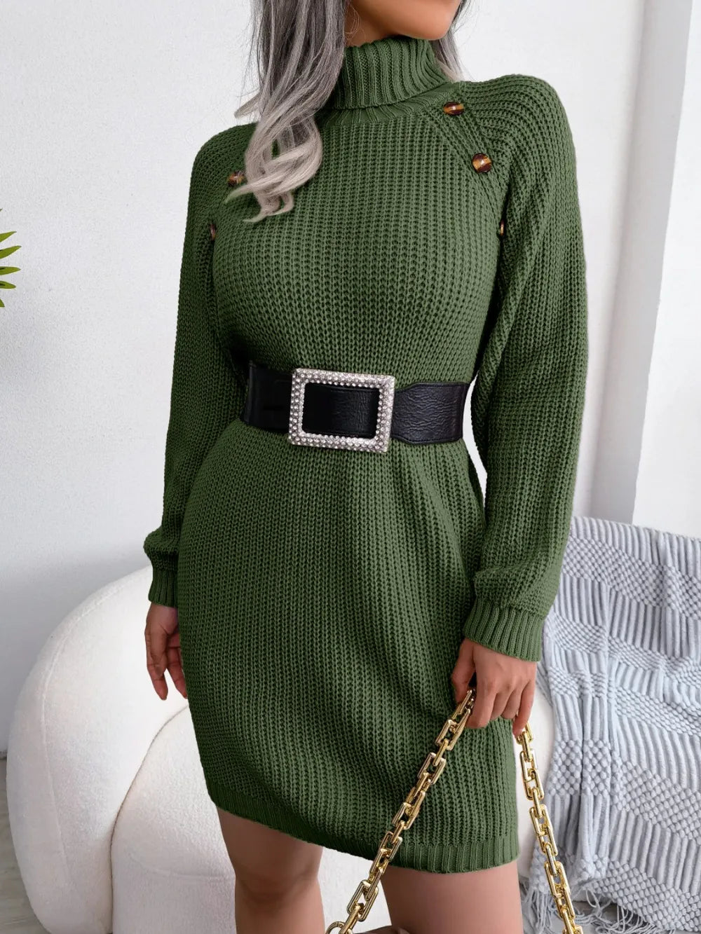 Decorative Button Turtleneck Sweater Dress - alternate view 8