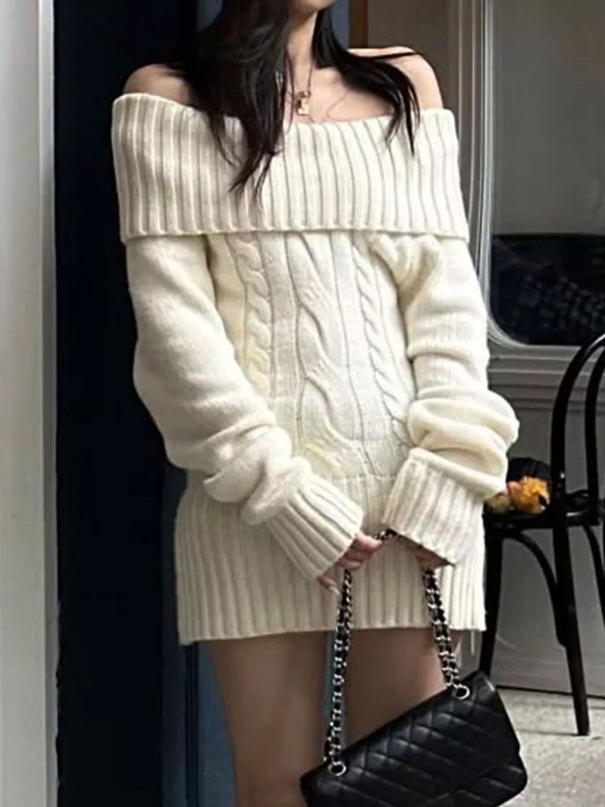 Off-Shoulder Cable Knit Sweater Dress - alternate view 4