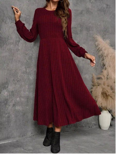 Ribbed Knit Long Sleeve A-Line Midi Dress - alternate view 11