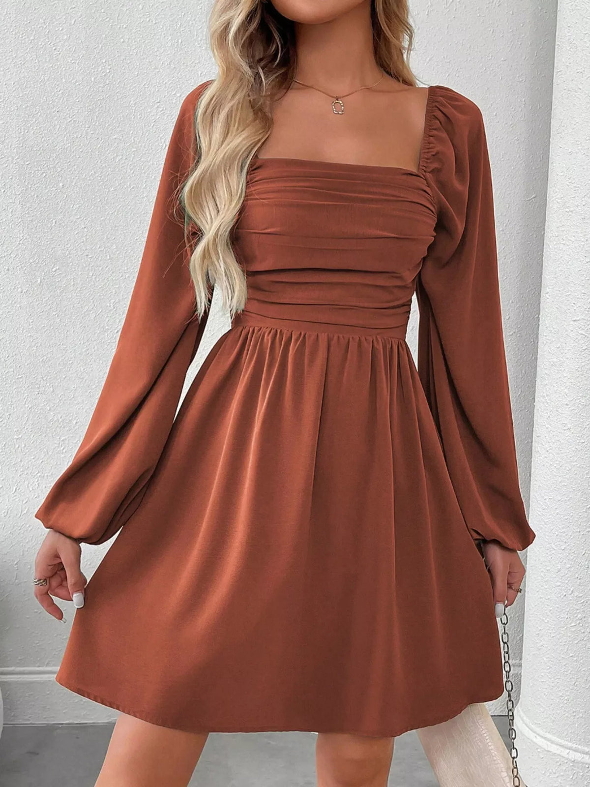 Ruched Square Neck Long Sleeve A-Line Dress - alternate view 23