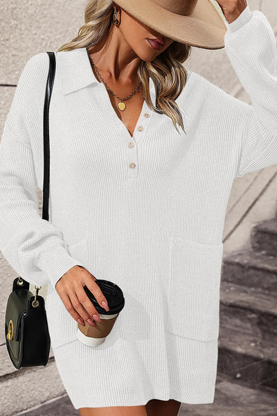 Collared Neck Long Sleeve Sweater Dress with Pockets - alternate view 13