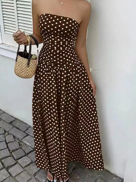 Strapless Polka Dot Ruched Maxi Dress - alternate view 22