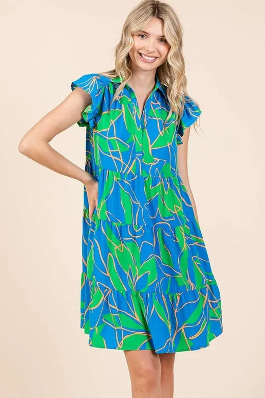 Leaf Print Ruffle Sleeve Tiered Mini Dress