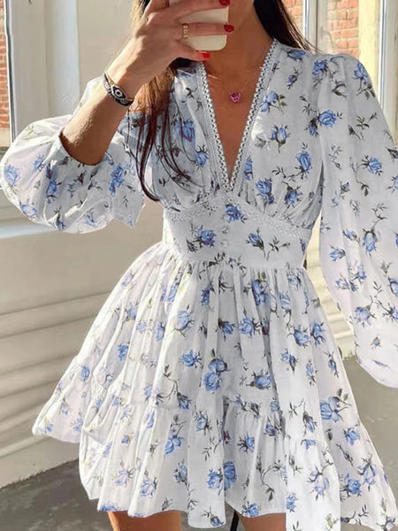 Lace Detail V-Neck Balloon Sleeve Dress - alternate view 7
