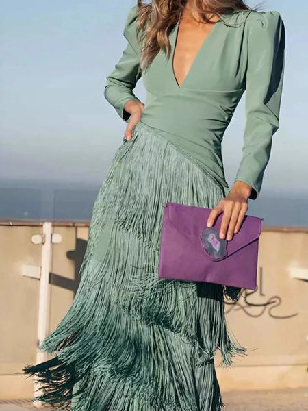Fringed V-Neck Puff Sleeve Maxi Dress - alternate view 2