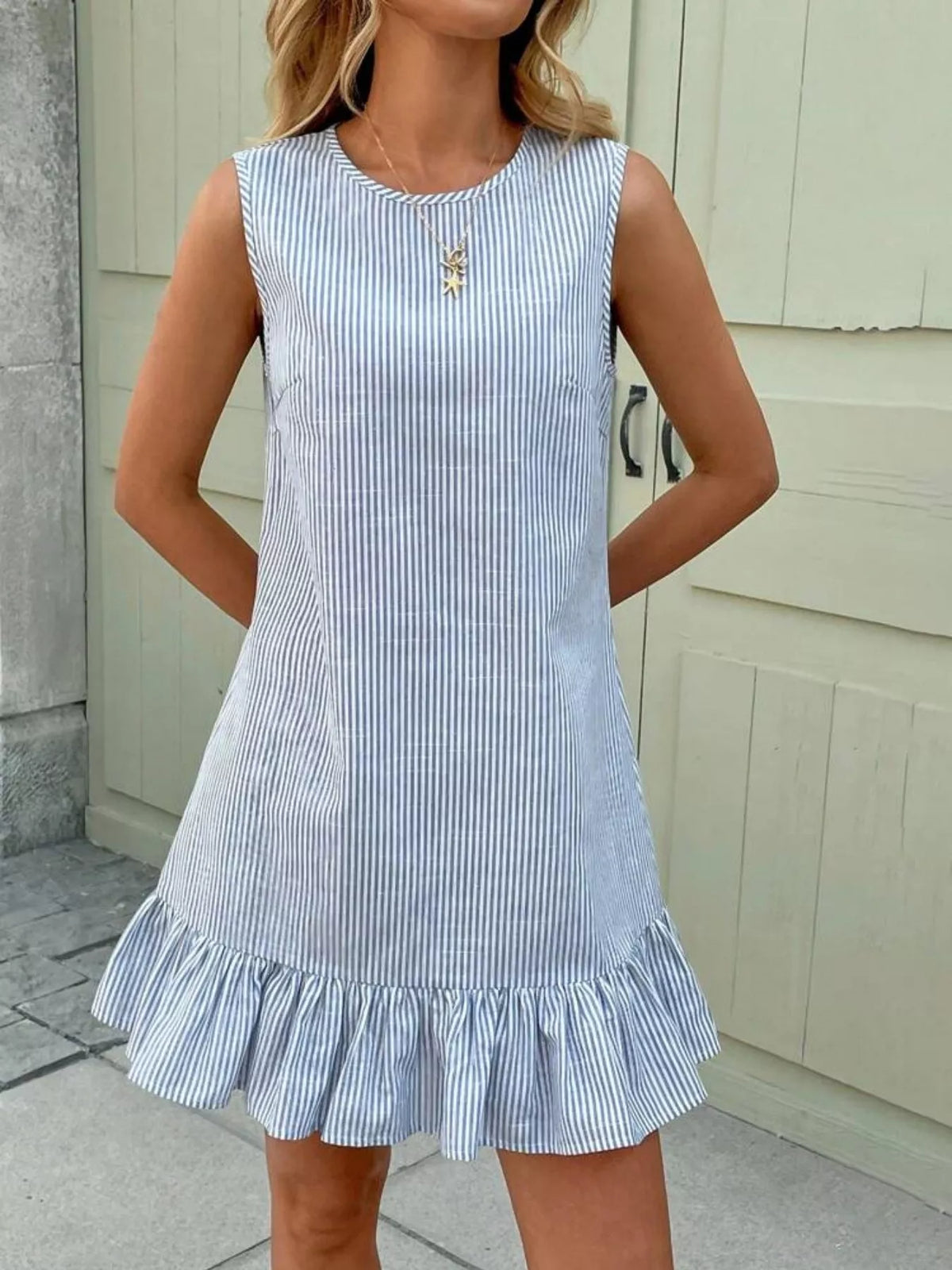 Sleeveless Striped Ruffle Hem Mini Dress - alternate view 9