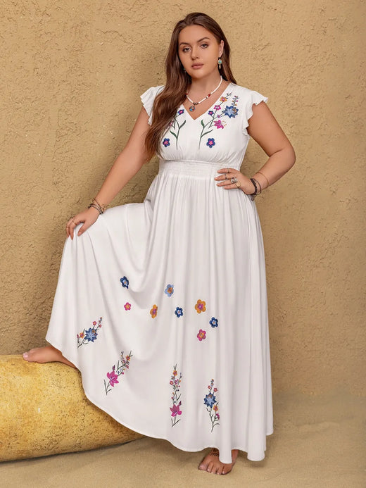 Embroidered Floral V-Neck Cap Sleeve Maxi Dress - alternate view 4