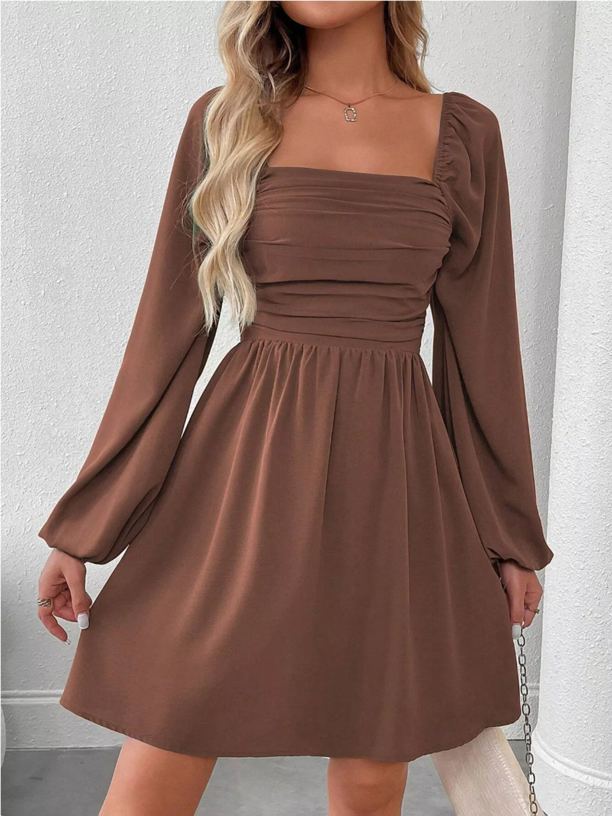 Ruched Square Neck Long Sleeve A-Line Dress - alternate view 19