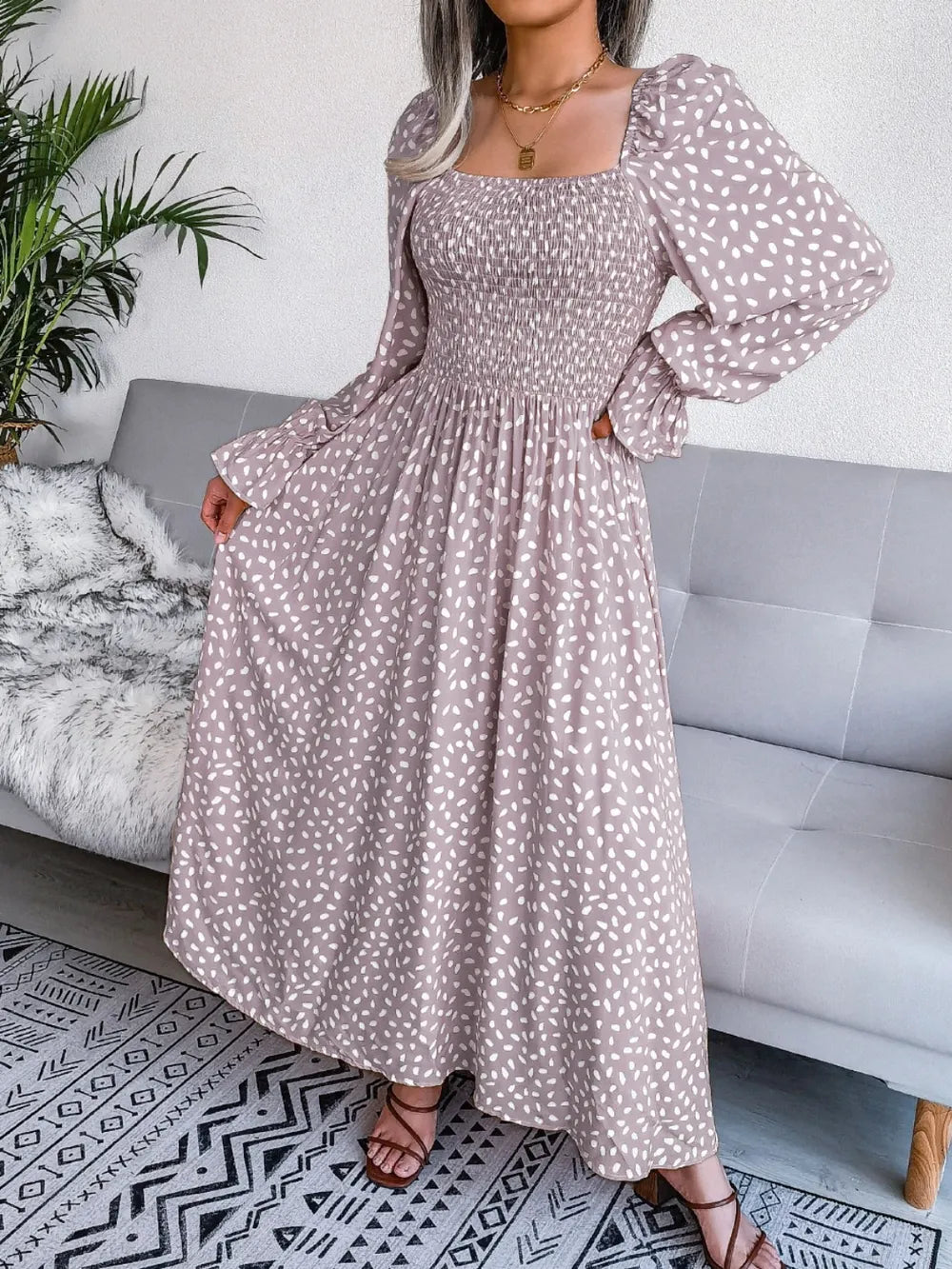 Smocked Square Neck Flounce Sleeve Dress - alternate view 12