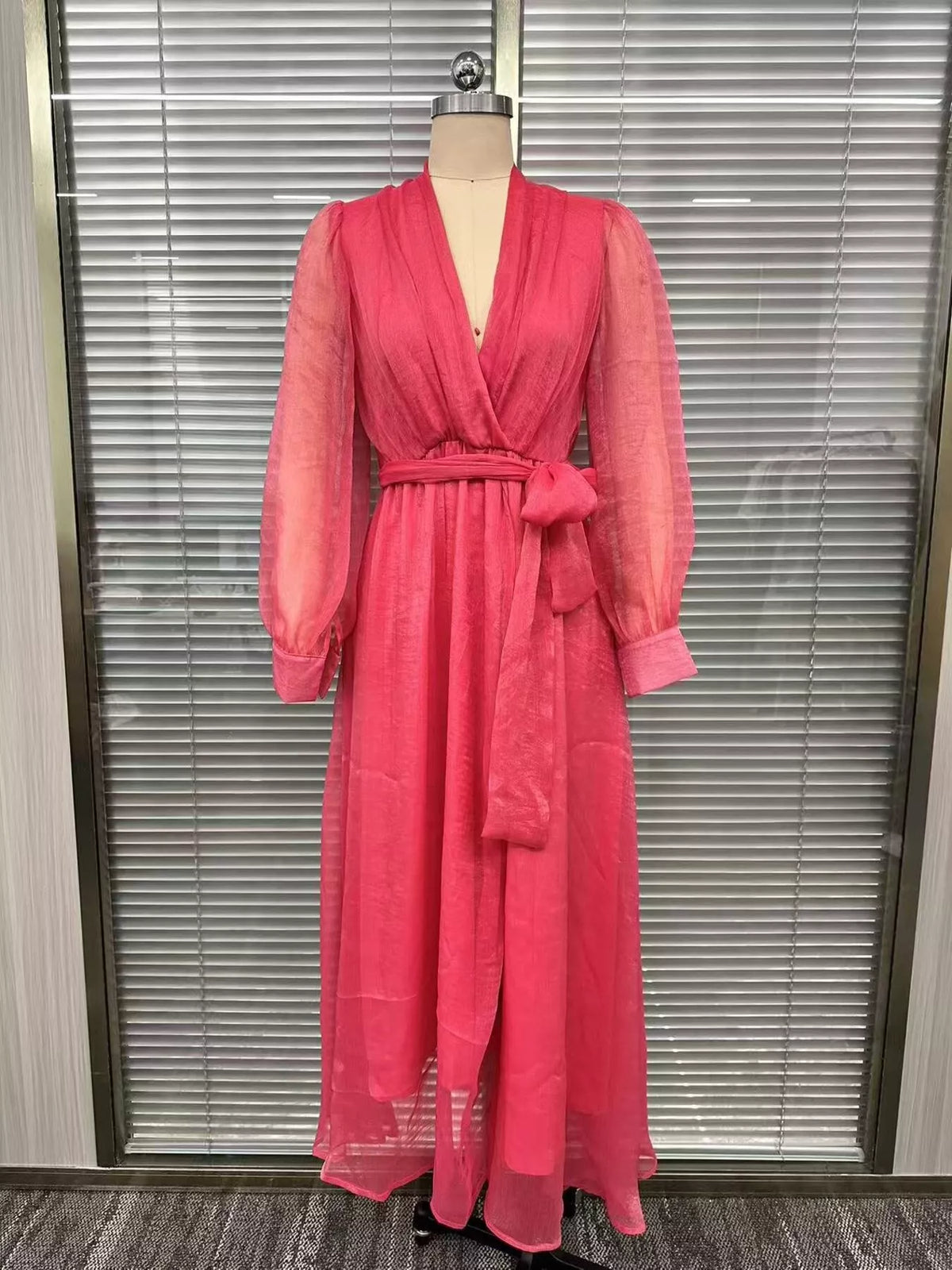 Long Sleeve Chiffon Wrap Maxi Dress with High Slit - alternate view 3