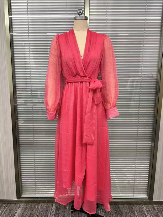 Long Sleeve Chiffon Wrap Maxi Dress with High Slit - alternate view 3