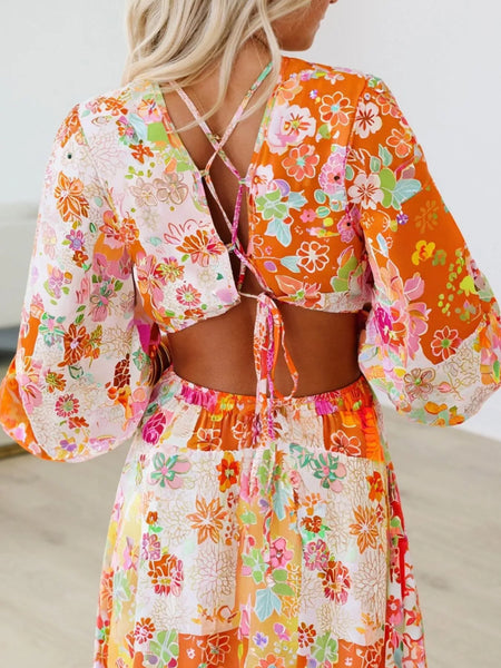 Vibrant Floral Long Sleeve Dress with Lace-Up Back - alternate view 2