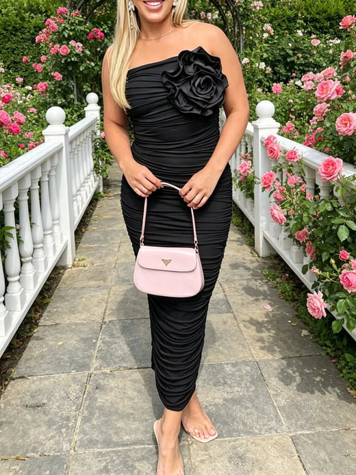 Flower Ruched Tube Bodycon Midi Dress - alternate view 6