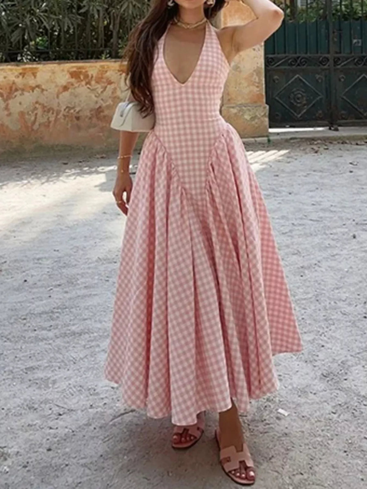 Gingham Halter Neck Maxi Dress