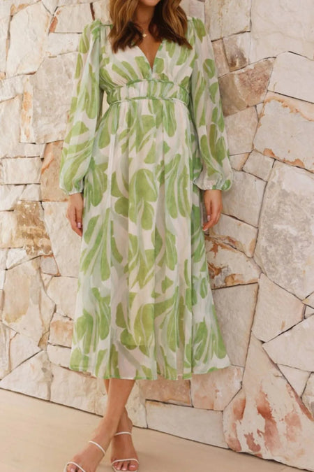 Printed V-Neck Long Sleeve Midi Dress - alternate view 3