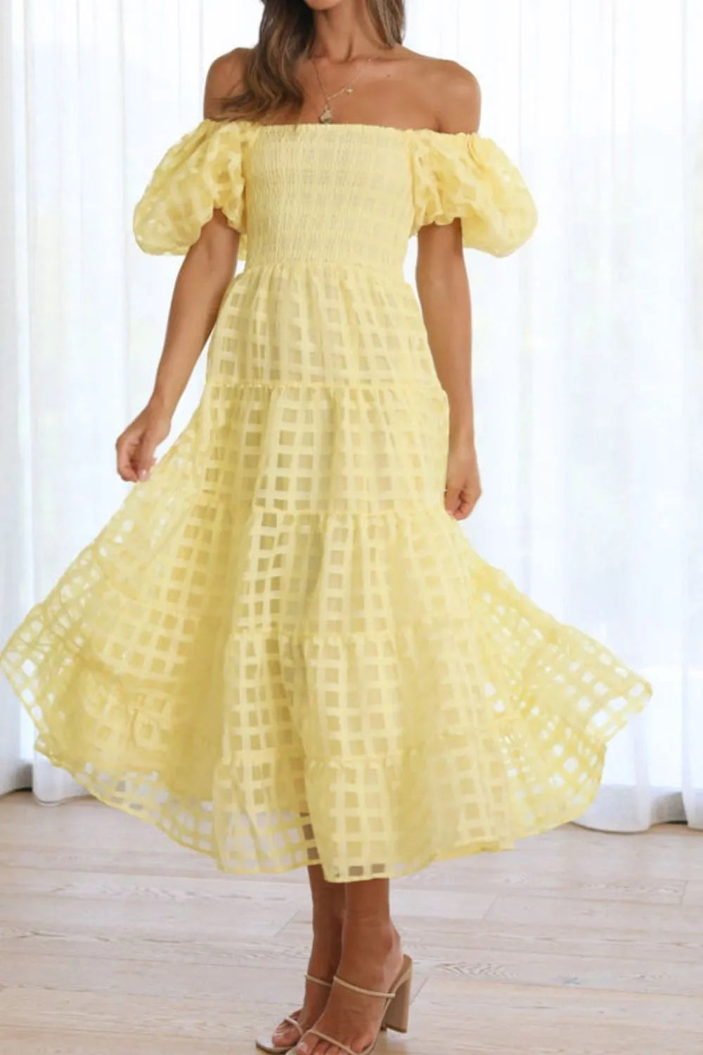 Off Shoulder Short Puff Sleeve Midi Dress - alternate view 10
