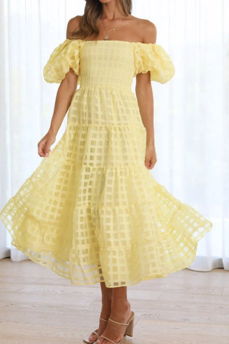 Off Shoulder Short Puff Sleeve Midi Dress - alternate view 10