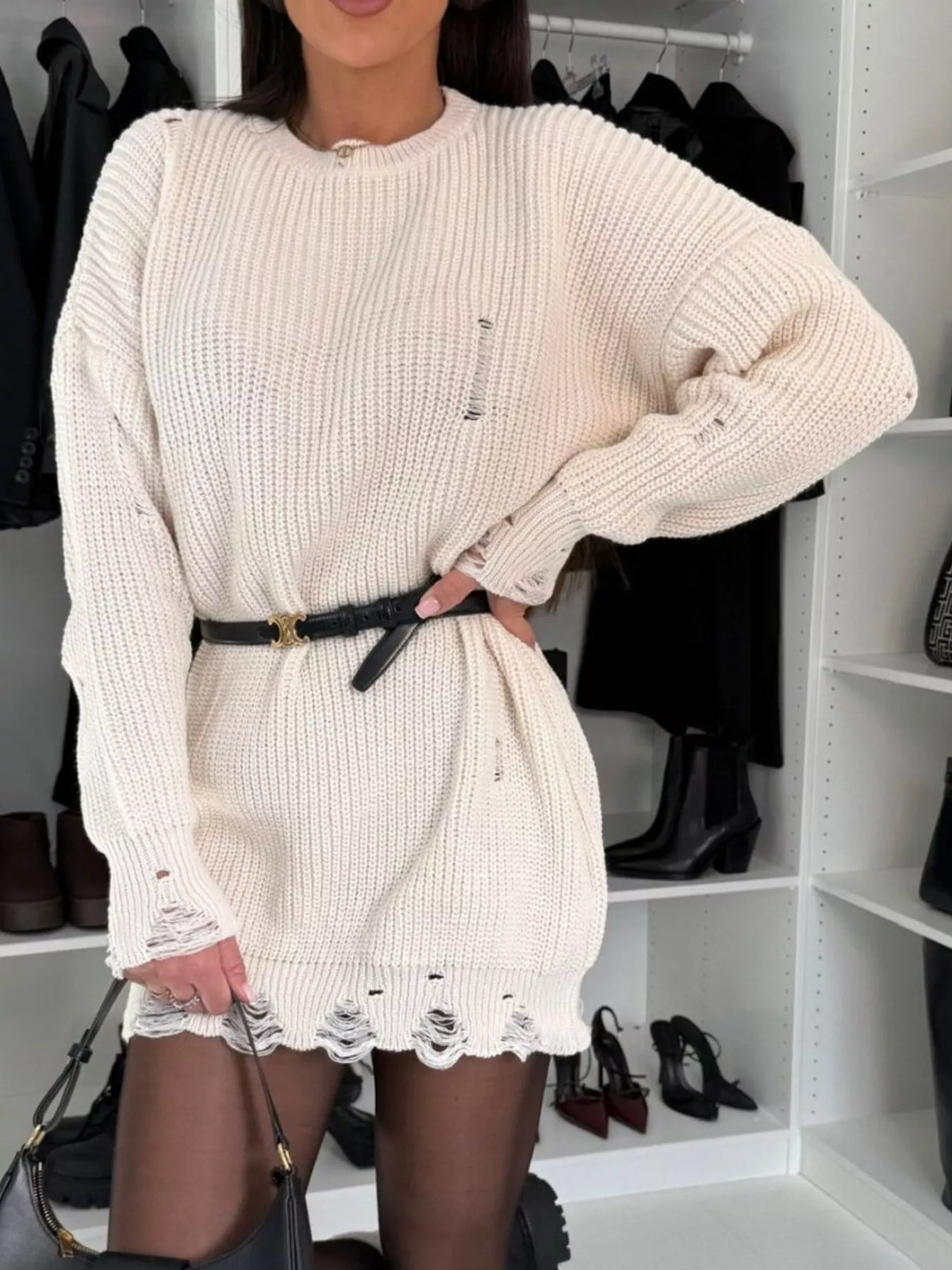 Distressed Round Neck Drop Shoulder Sweater Dress - alternate view 8