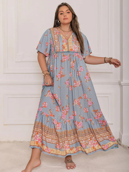 Printed Tie Neck Flutter Sleeve Maxi Dress - alternate view 7