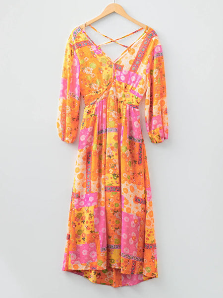 Vibrant Floral Long Sleeve Dress with Lace-Up Back - alternate view 4