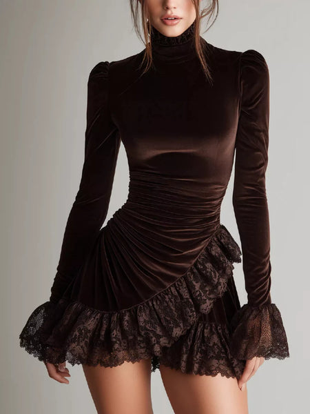 Velvet Mock Neck Mini Dress with Lace Ruffle Trim