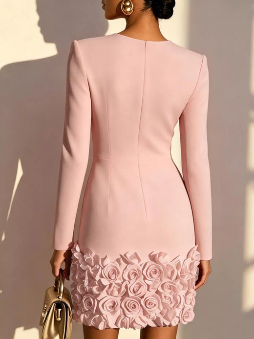 V-Neck Long Sleeve Mini Dress with 3D Rose Floral Hem - alternate view 3