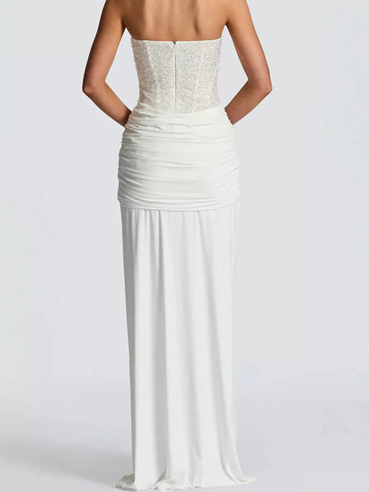 Elegant Strapless Sequin Corset Maxi Dress with Draped Waist Detail - alternate view 6