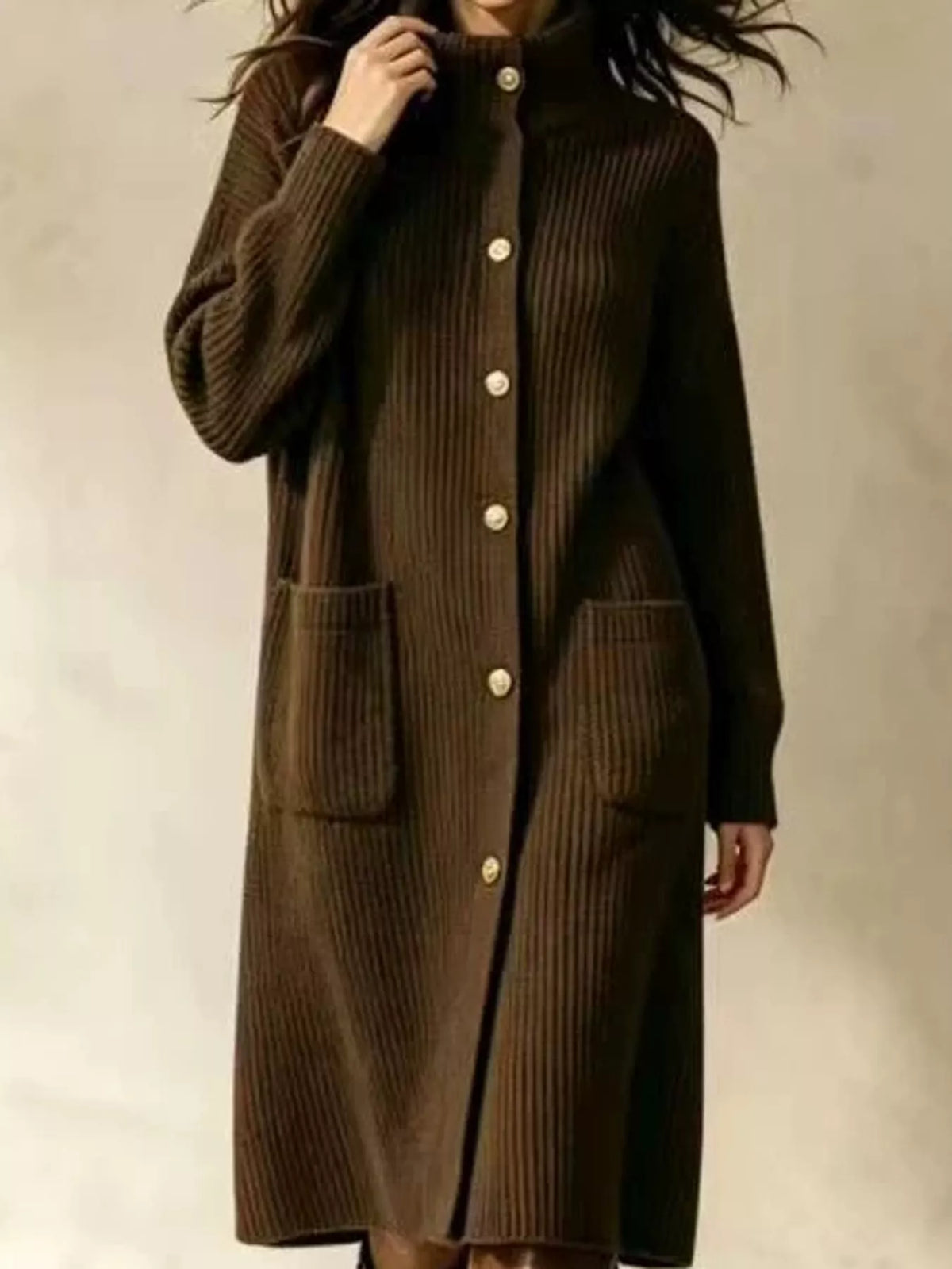 Ribbed Knit Turtleneck Button Up Longline Cardigan - alternate view 1