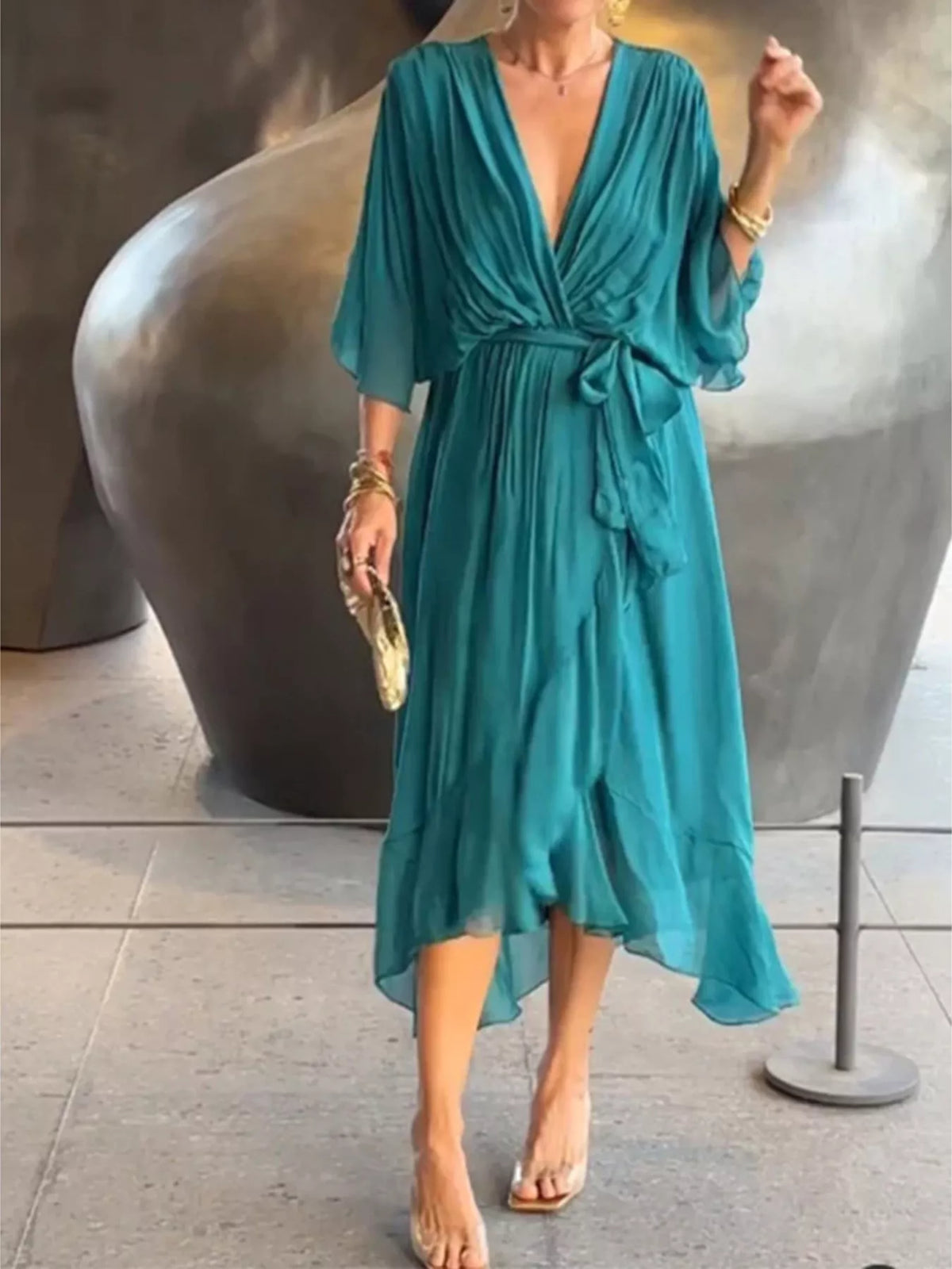 Full Size Chiffon Wrap Dress with Flutter Sleeves Plus Size - alternate view 9