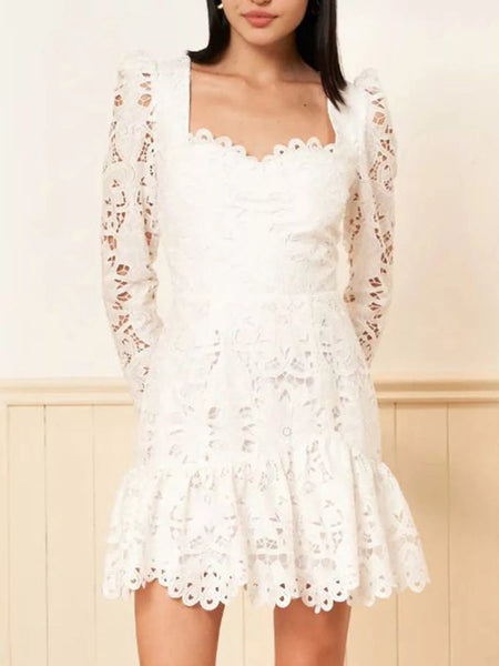 Lace Long-Sleeve Mini Dress with Scalloped Neckline - alternate view 2
