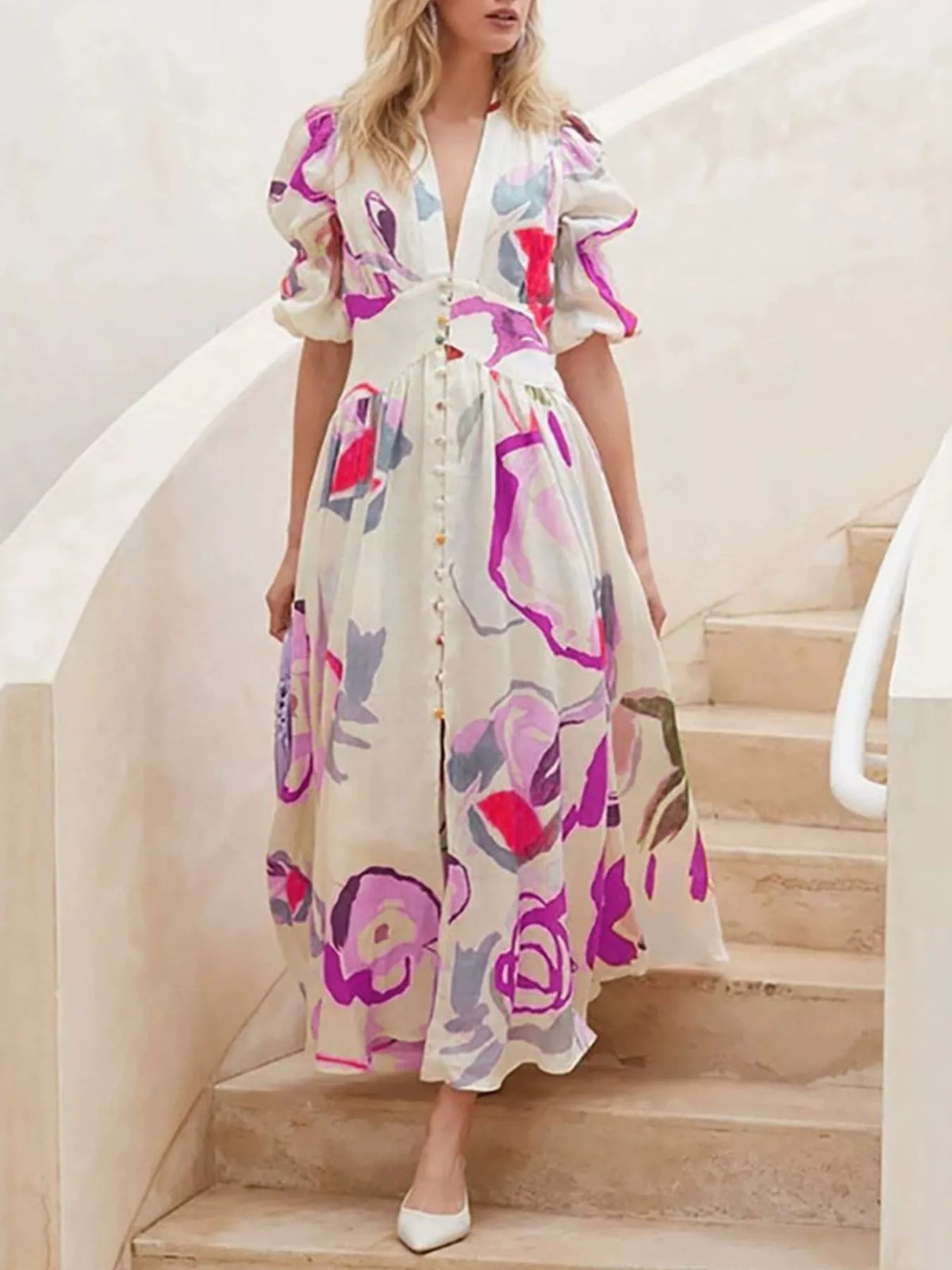 Puff Sleeve Midi Print Dress