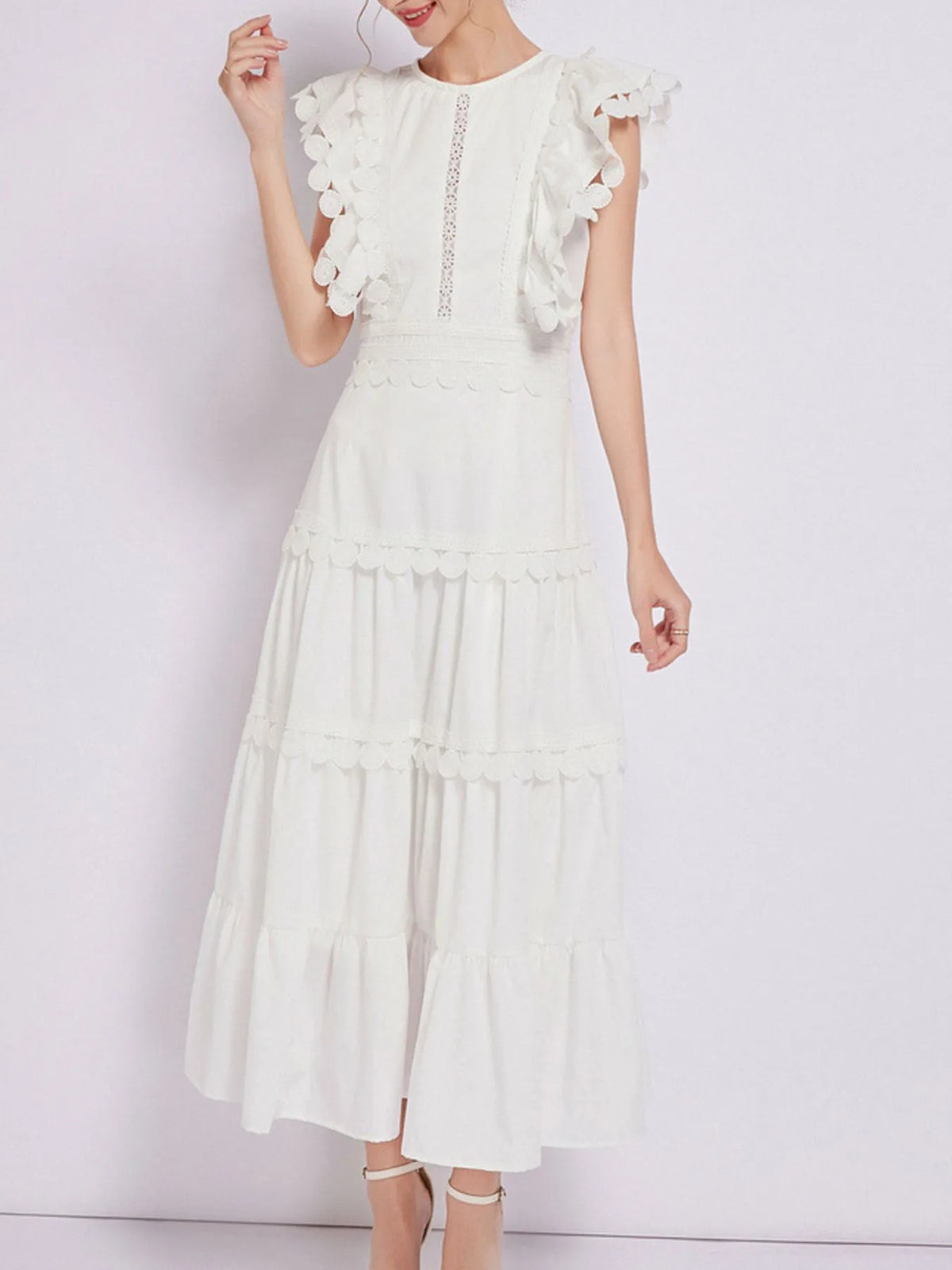 Sleeveless Ruffled Tiered Dress with Embroidered Trim - alternate view 10