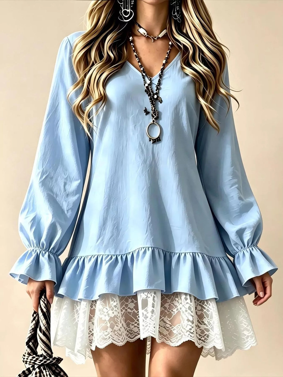 V-Neck Long Sleeve Ruffle Hem Lace Trim Mini Dress - alternate view 10