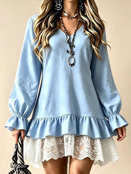 V-Neck Long Sleeve Ruffle Hem Lace Trim Mini Dress - alternate view 10