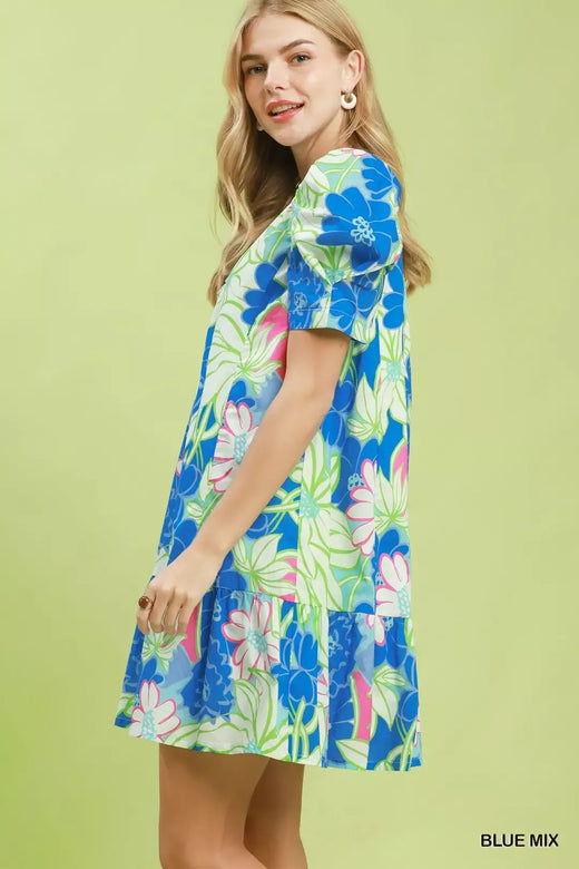 Floral Puff Sleeve Tiered Mini Dress - alternate view 2