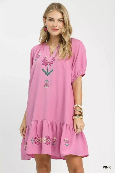 Embroidered Floral Babydoll Dress