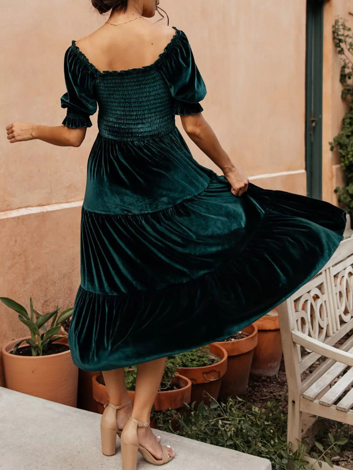 Velvet Smocked Tiered Midi Dress - alternate view 11