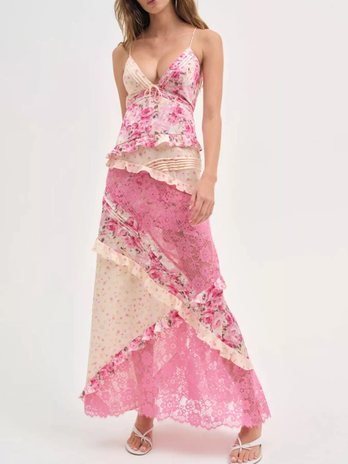 Lace Floral Print Ruffle Trim Maxi Dress - alternate view 2