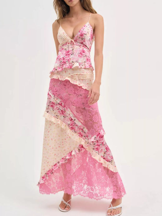 Lace Floral Print Ruffle Trim Maxi Dress - alternate view 2