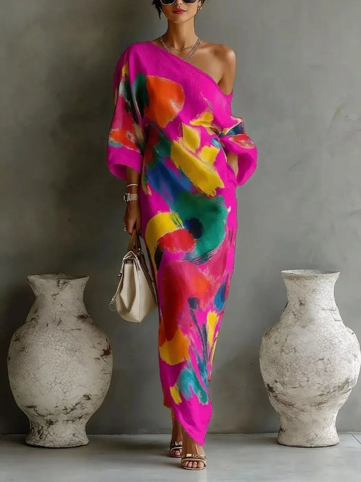Full Size One-Shoulder Abstract Print Loose Fit Maxi Dress Plus Size - alternate view 3