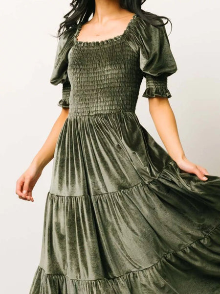 Velvet Smocked Tiered Midi Dress - alternate view 9