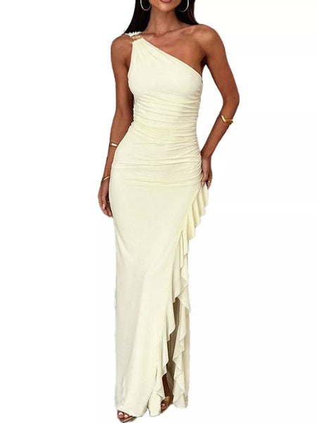 One-Shoulder Ruched Ruffle Hem Maxi Dress - alternate view 2