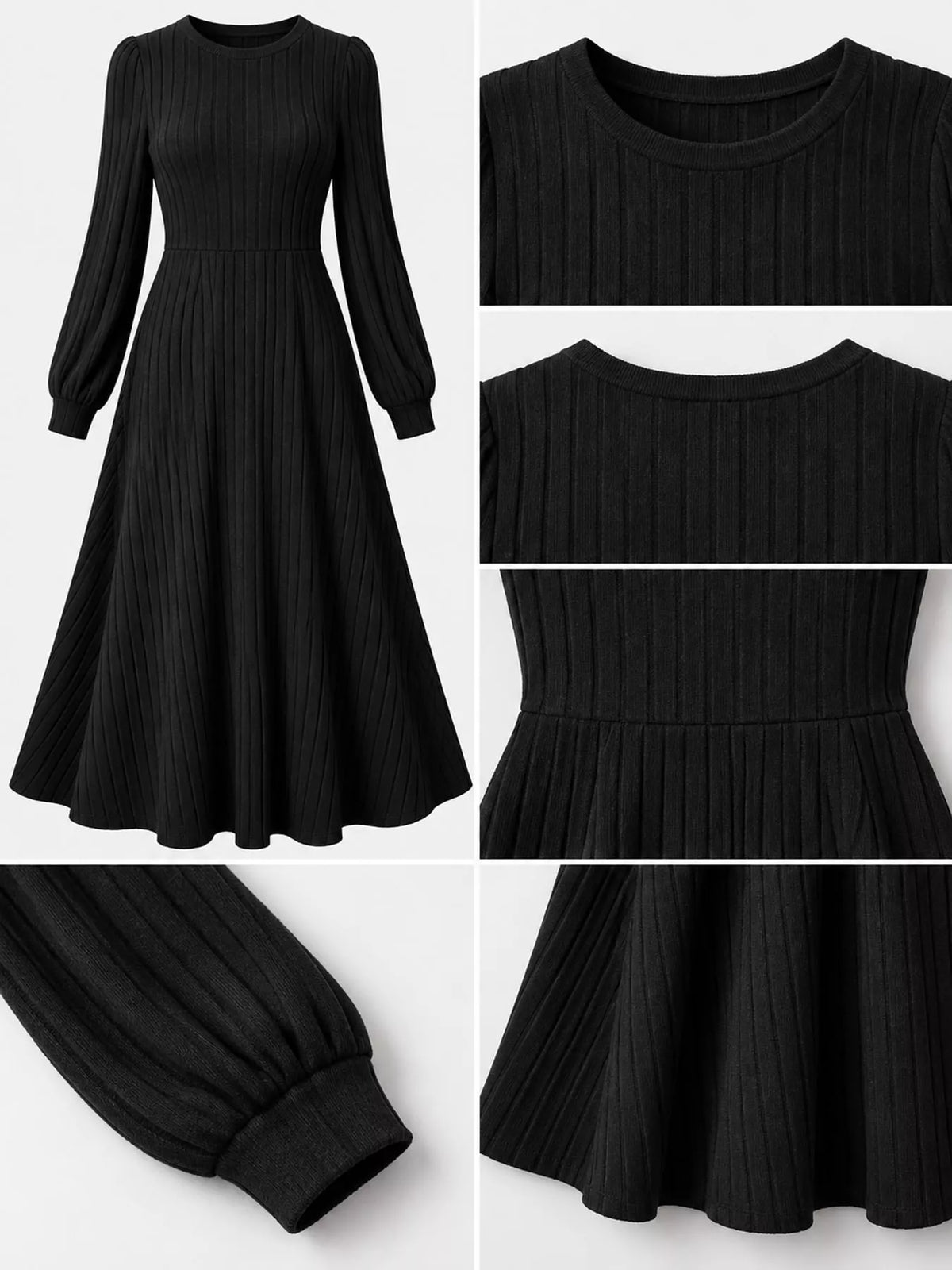 Ribbed Knit Long Sleeve A-Line Midi Dress - alternate view 7