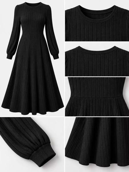 Ribbed Knit Long Sleeve A-Line Midi Dress - alternate view 7