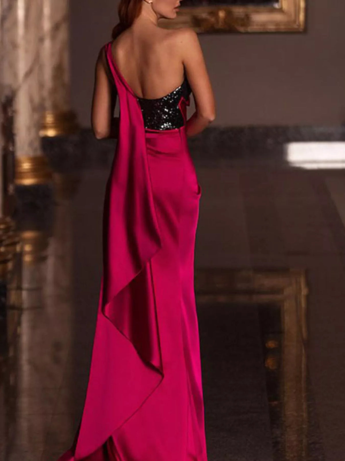 One-Shoulder Sequin Bodice Satin Gown with High Slit - alternate view 2